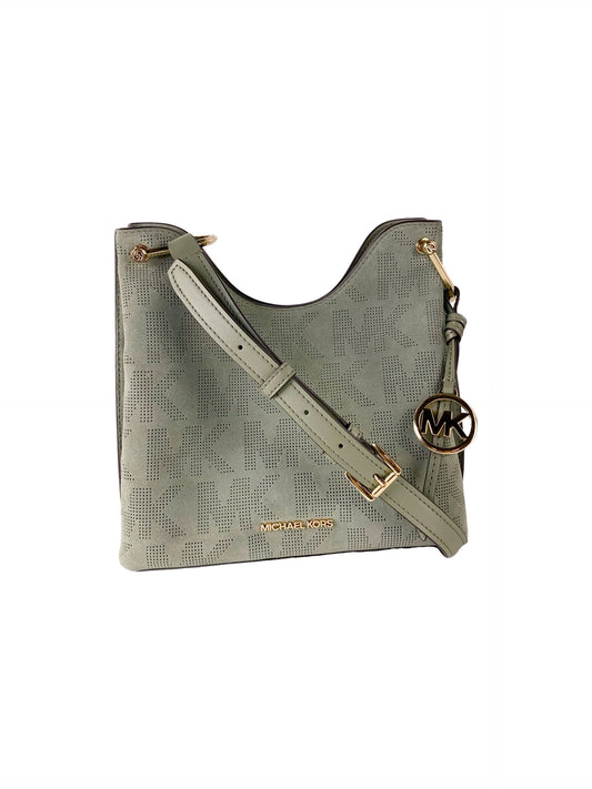Gray handbag with gold accents on a white background