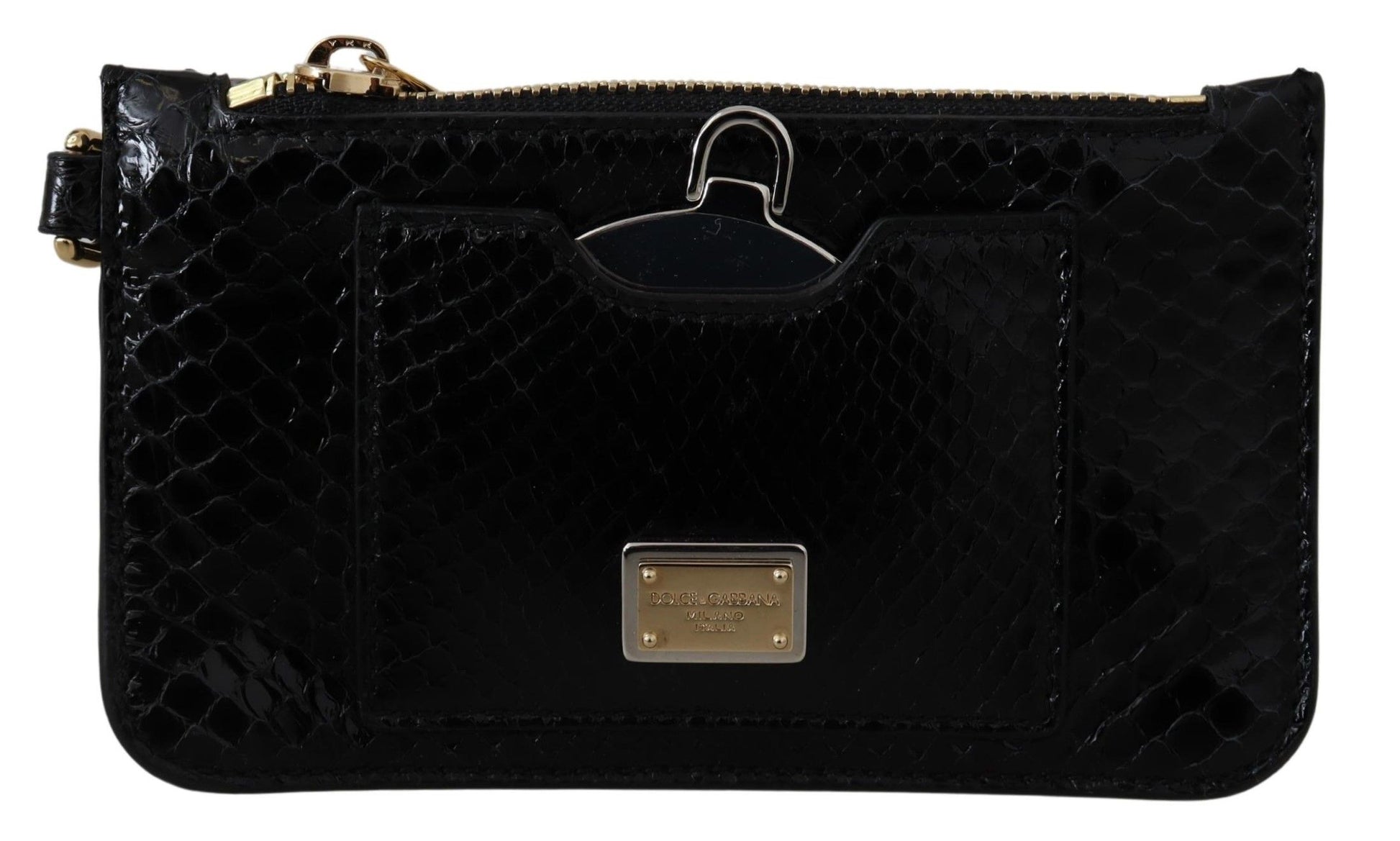 Black quilted clutch bag with gold accents on a white background