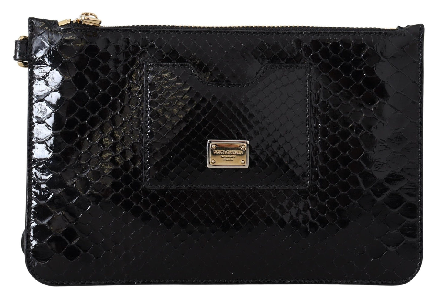 Black textured clutch bag with a gold clasp on a white background