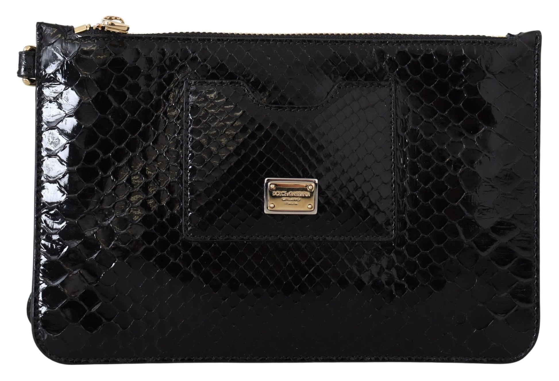 Black textured clutch bag with a gold clasp on a white background