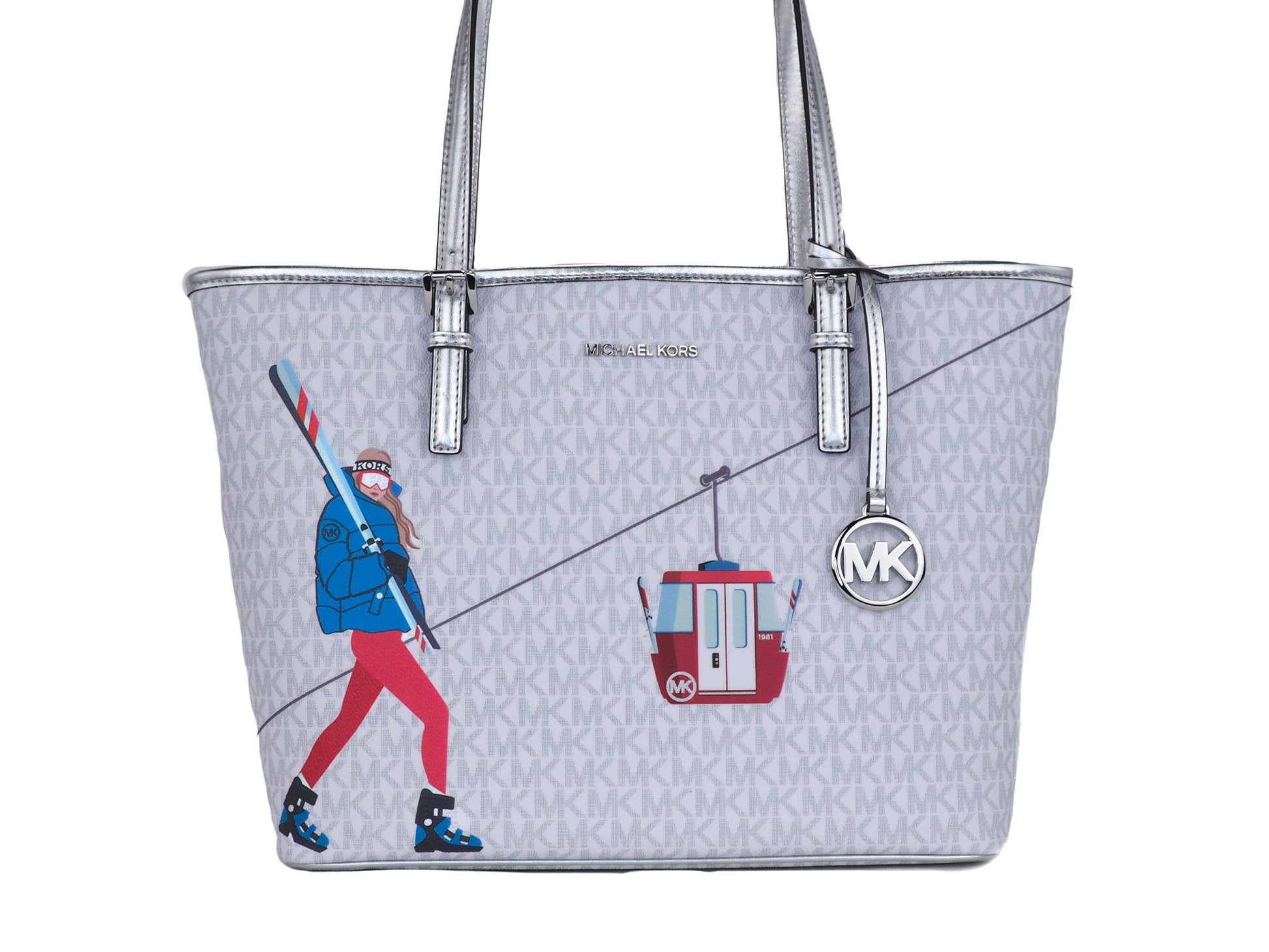 Gray tote bag with ski-themed design featuring a skier and gondola, on a white background.
