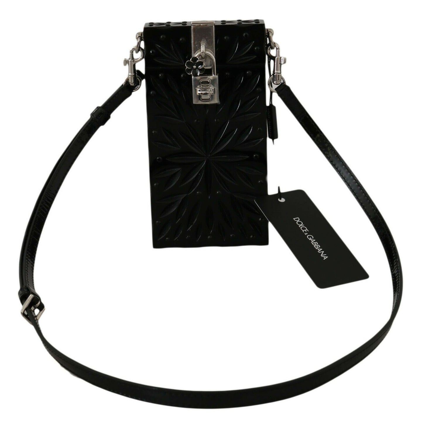 Black textured handbag with a strap and Dolce & Gabbana tag on a white background