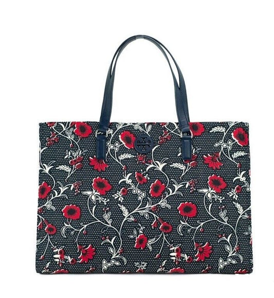 Floral patterned tote bag with red flowers on a black background