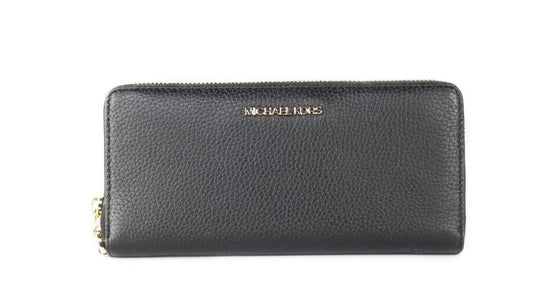 Black wallet with gold zipper and 'Michael Kors' logo on a white background