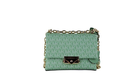 Green handbag with gold chain strap on a white background