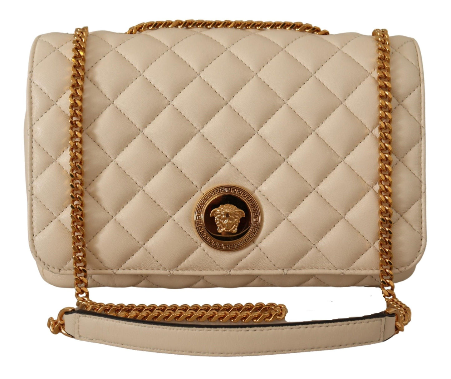 Beige quilted handbag with gold chain strap and emblem on a white background