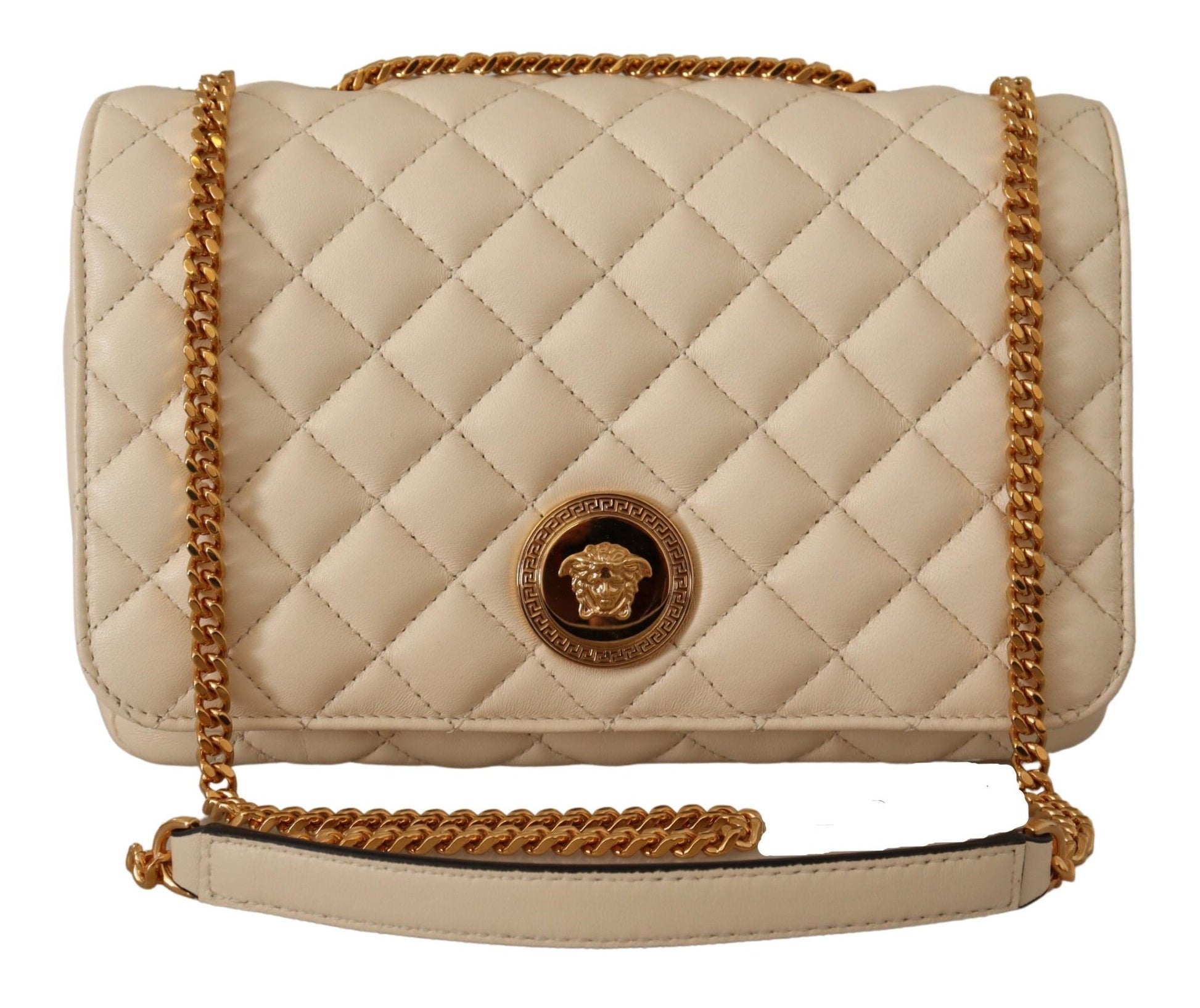 Beige quilted handbag with gold chain strap and emblem on a white background
