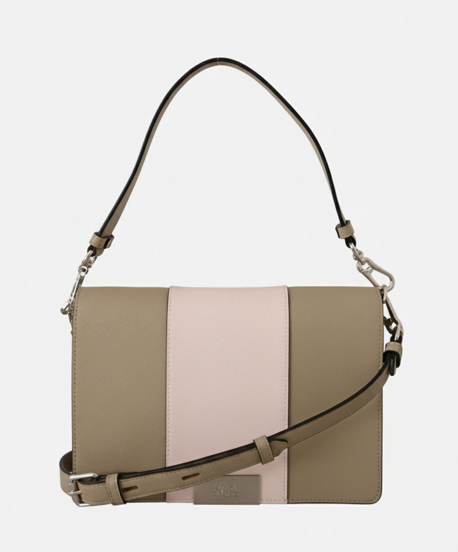 Multicolored handbag with a strap on a white background
