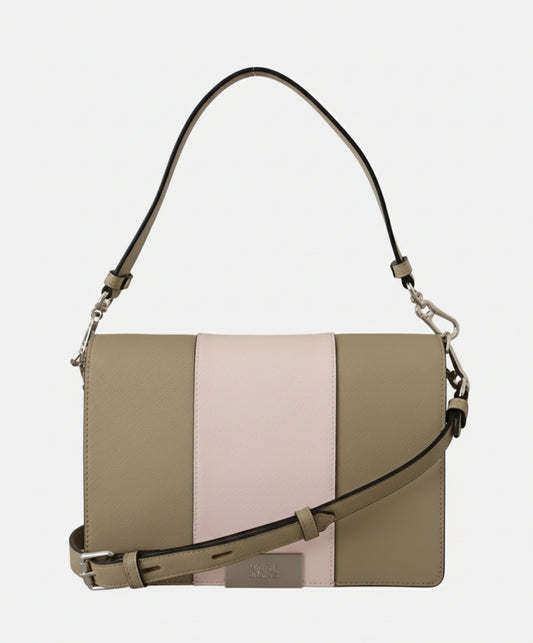Multicolored handbag with a strap on a white background