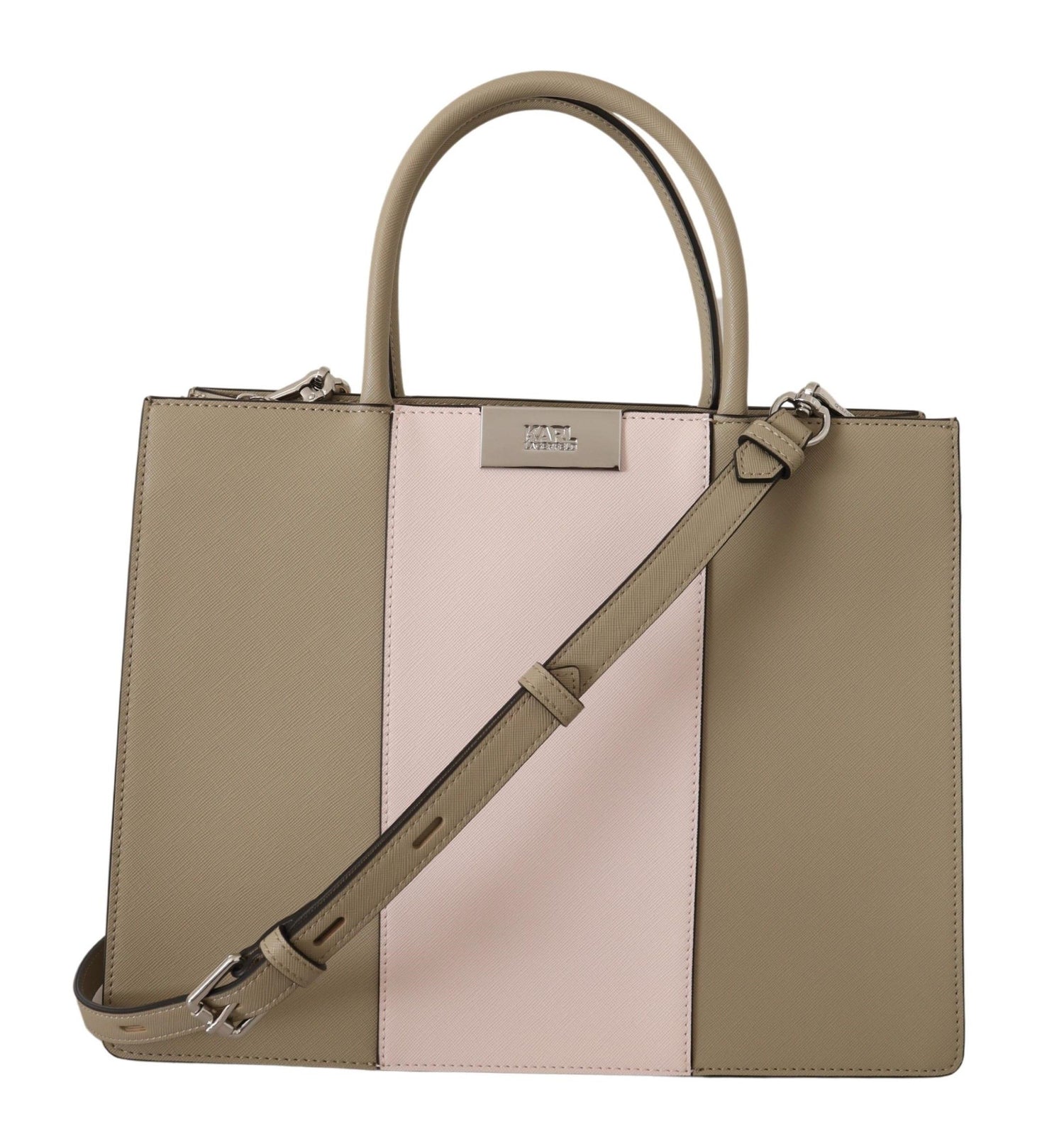 Two-tone handbag with beige and pink sections on a white background