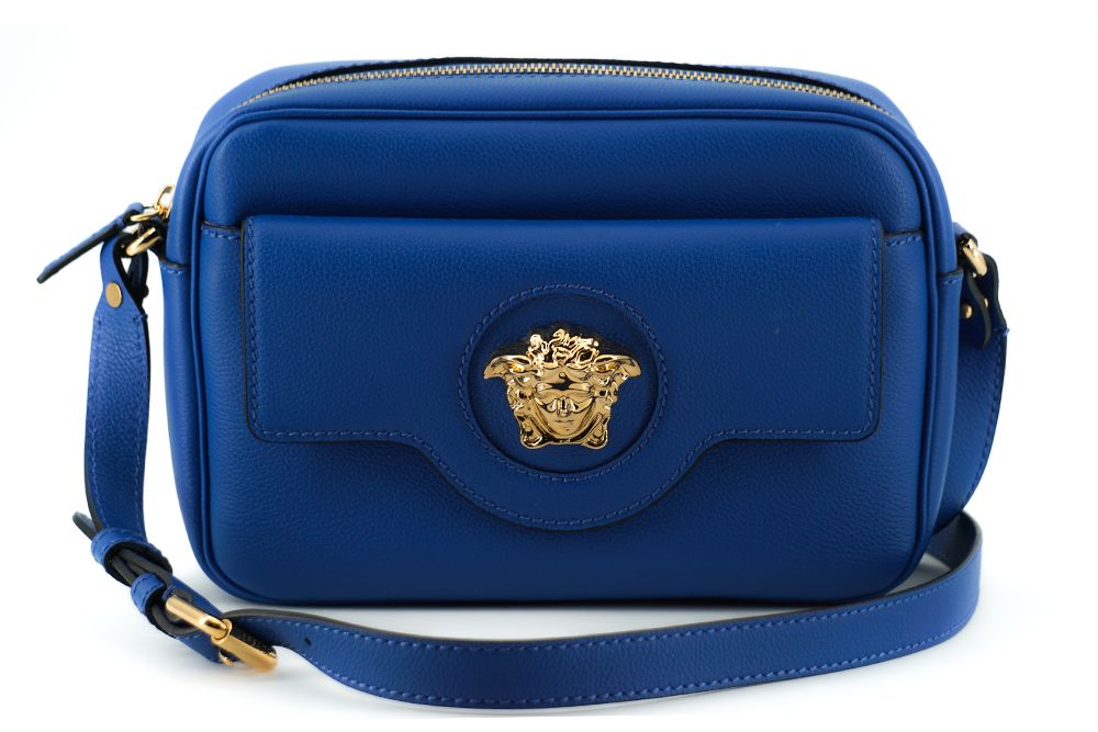 Versace Camera Case Shoulder Bag Blue Calf Leather Exclusive Italian Craftsmanship by Versace