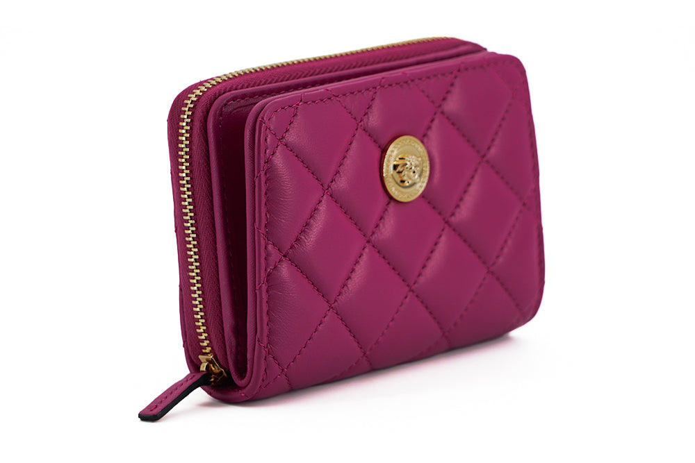 Versace Bifold Zip Wallet Purple Quilted Nappa Leather Crafted for Discerning Tastes Exclusive Edition by Versace