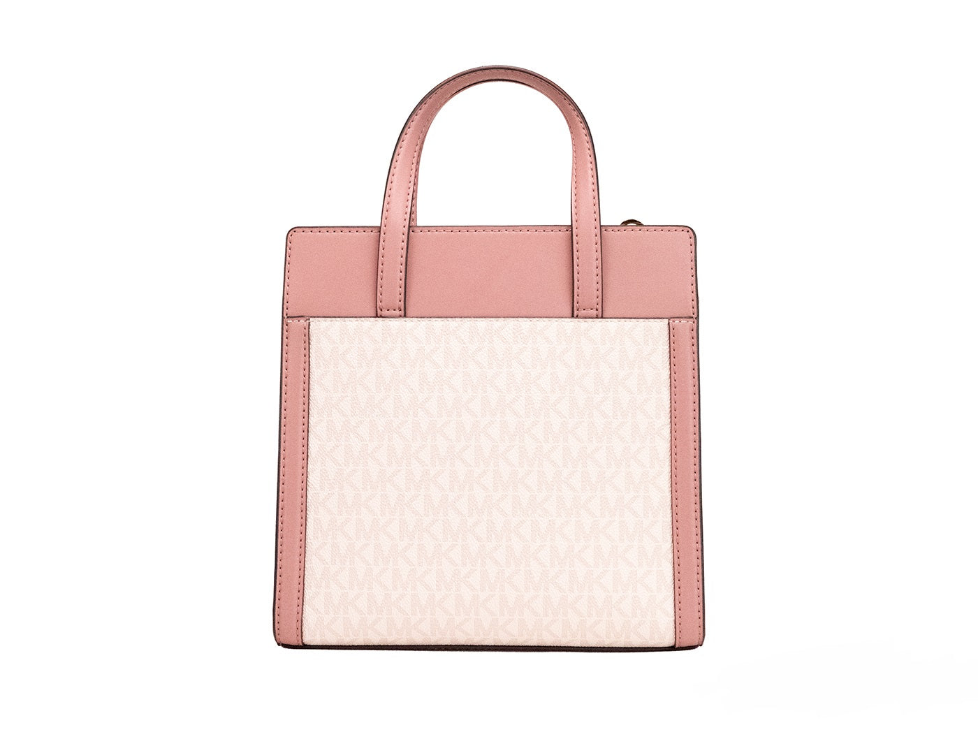 Pink handbag with a textured white front panel on a white background