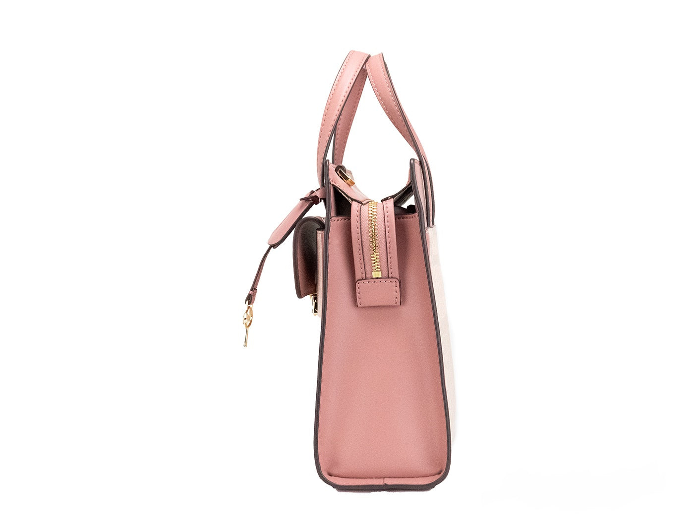 Pink handbag with gold accents on a white background