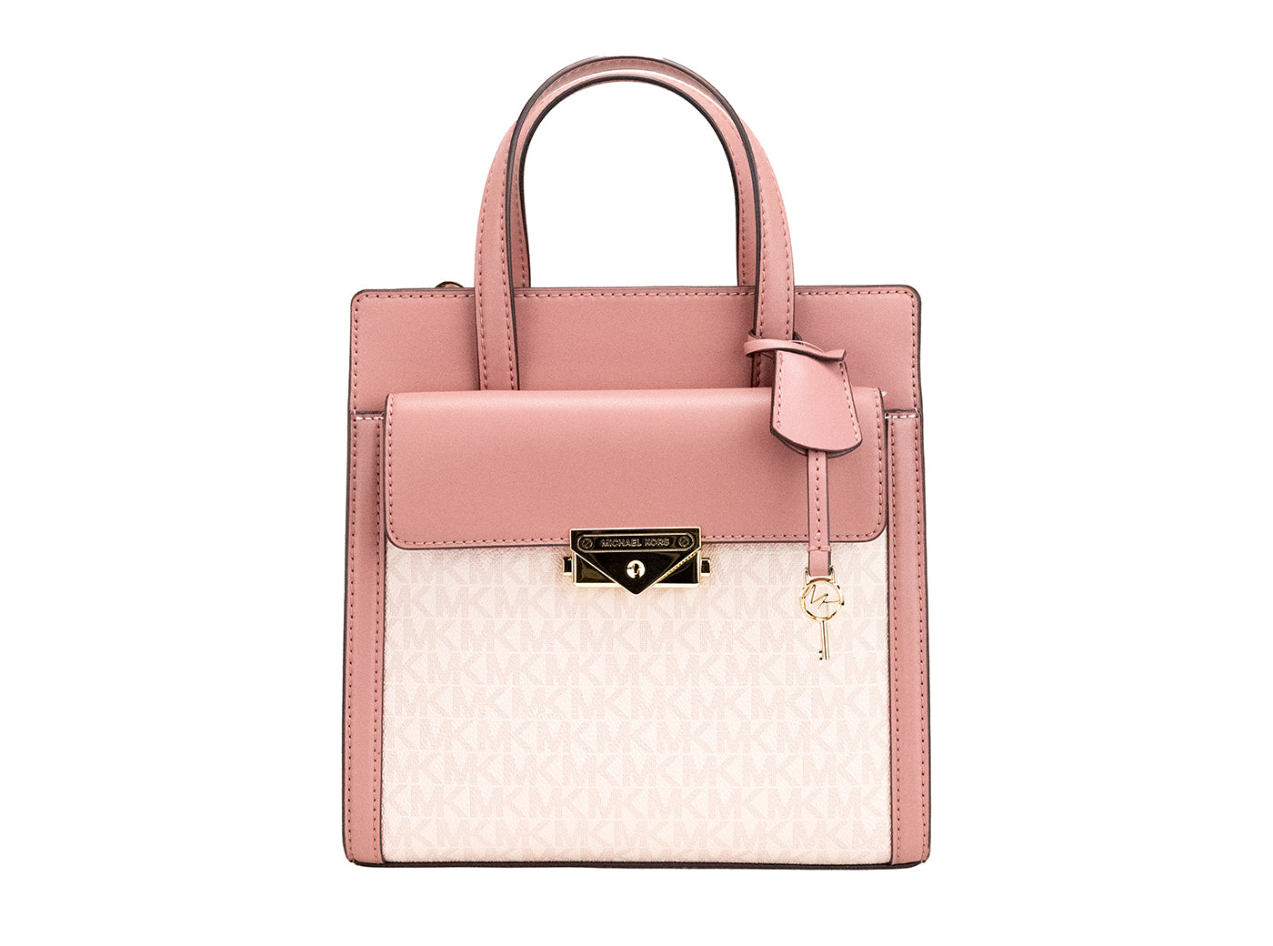 Pink handbag with a white quilted pattern on a white background