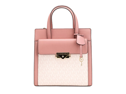 Pink handbag with a white quilted pattern on a white background
