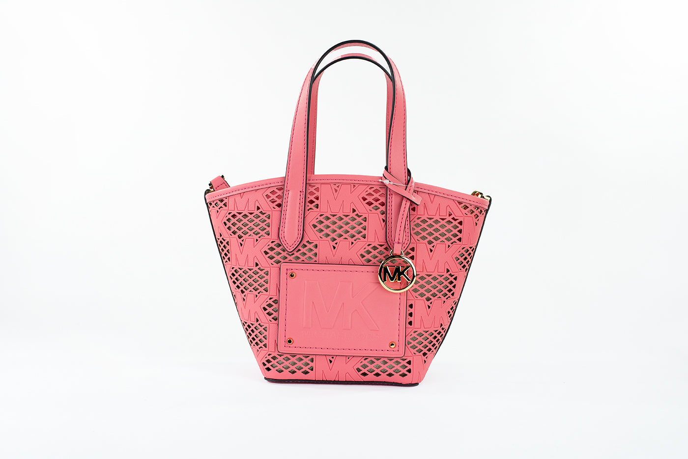 Pink handbag with a brand logo on a white background