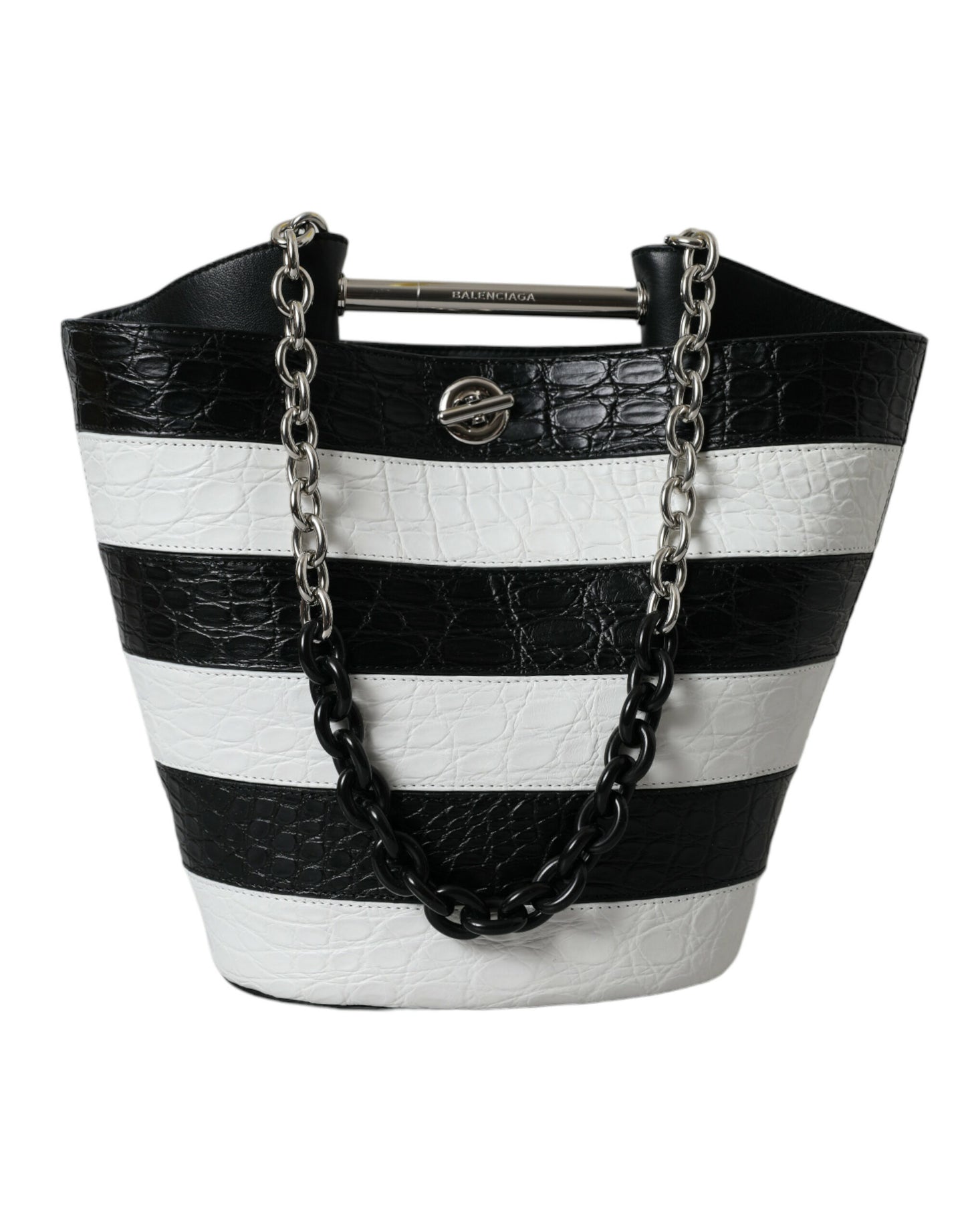 Black and white striped handbag with a chain handle on a white background
