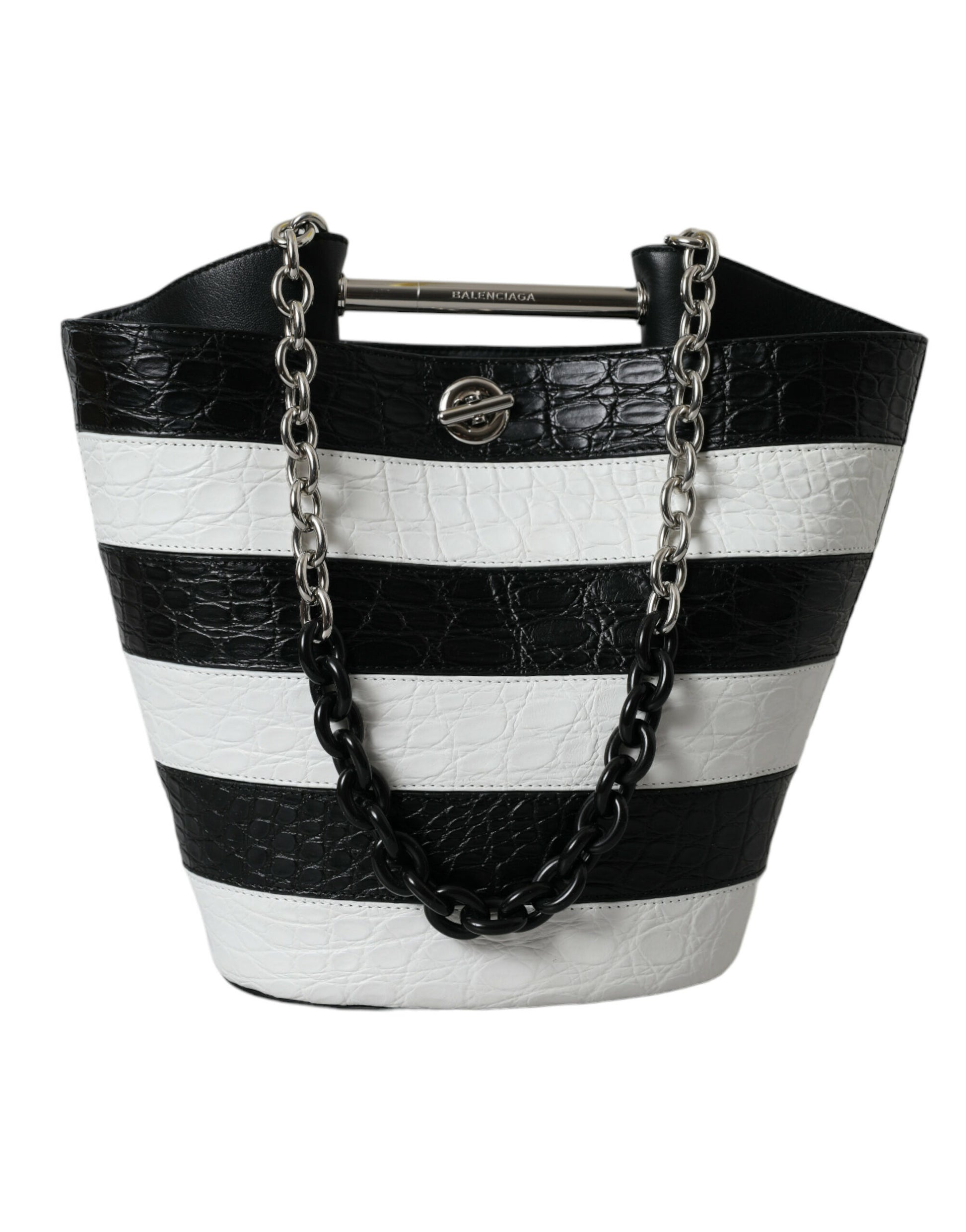 Black and white striped handbag with a chain handle on a white background