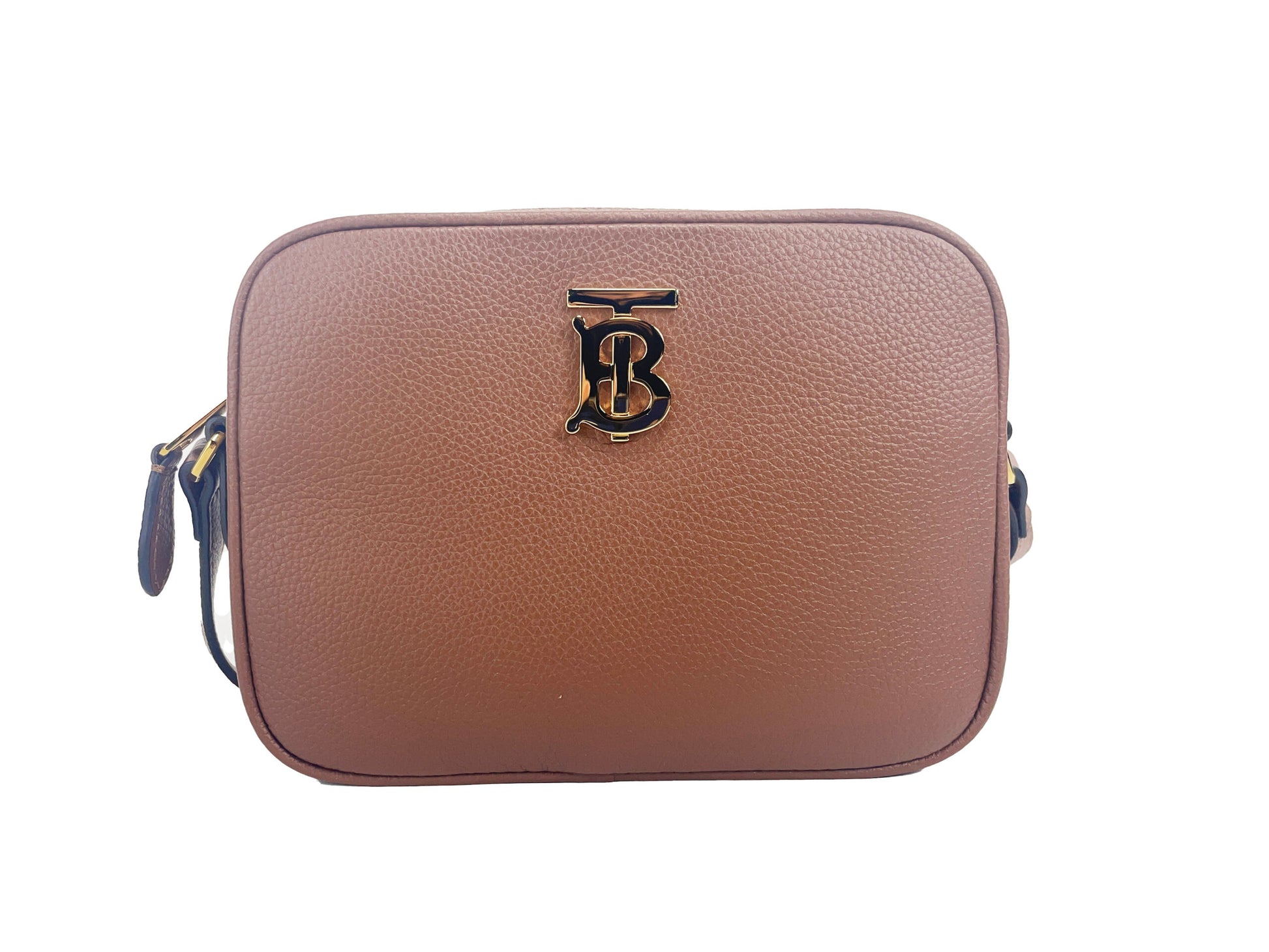 Burberry Small Camera TB Logo Leather Crossbody Bag Tan With Gold Tone Hardware And Subtle Exclusivity by Burberry