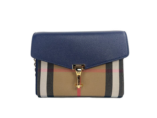 Burberry Small Macken Bag Check Print Canvas Leather Regency Blue Limited Edition Gold Hardware by Burberry