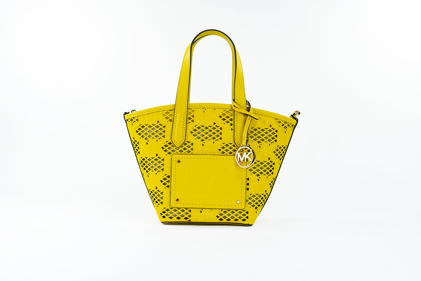 Yellow handbag with a brand logo on a white background