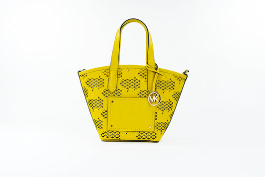 Yellow handbag with a brand logo on a white background