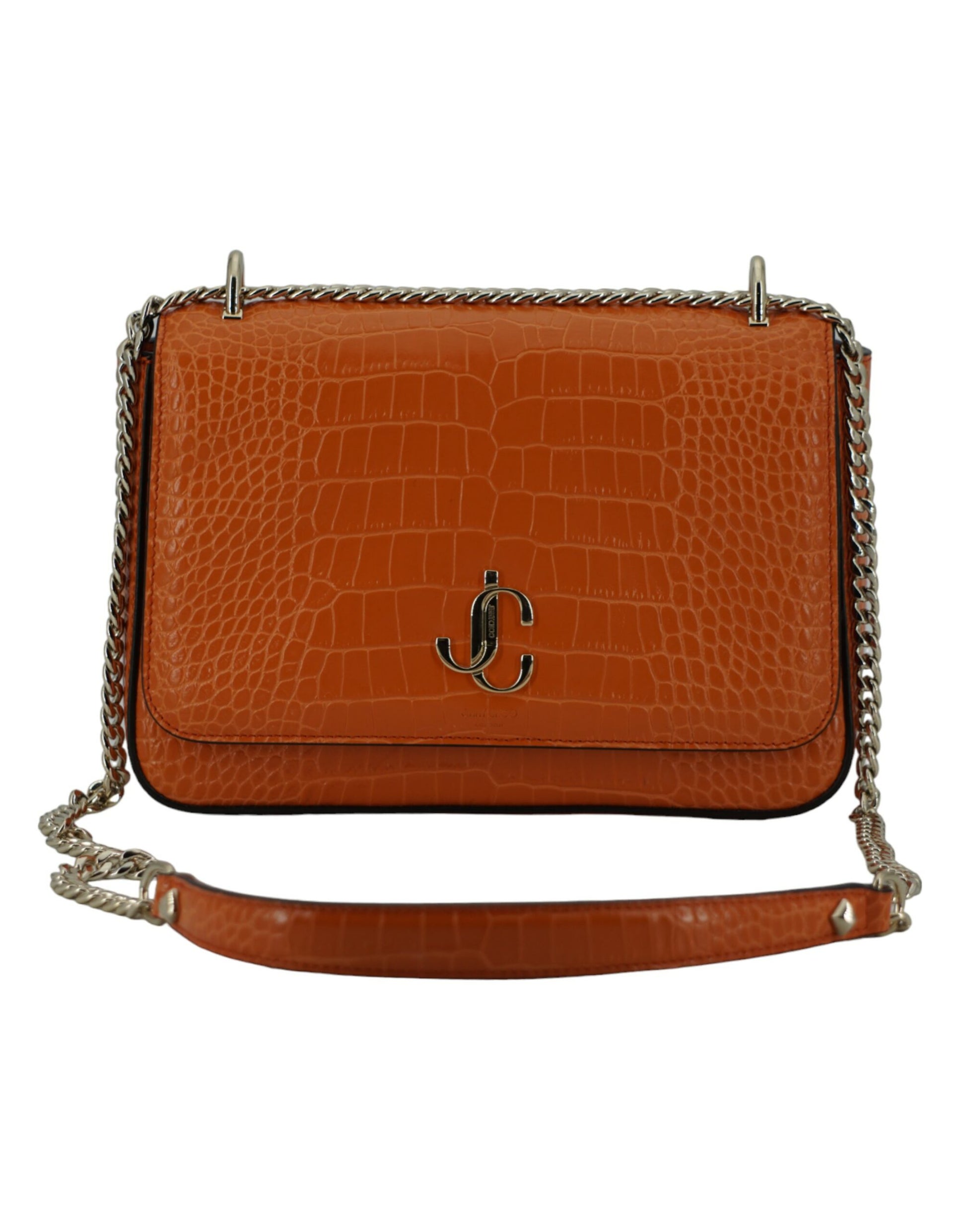 Brown crocodile-patterned handbag with a chain strap on a white background