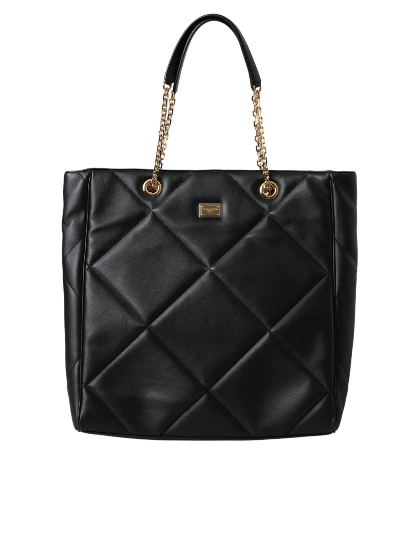 Black quilted handbag with gold chain handle on a white background