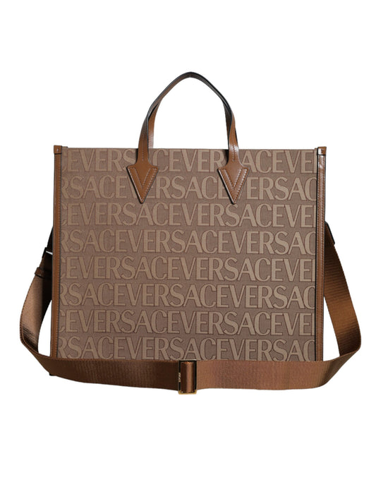 Brown Versace handbag with logo pattern on a white background