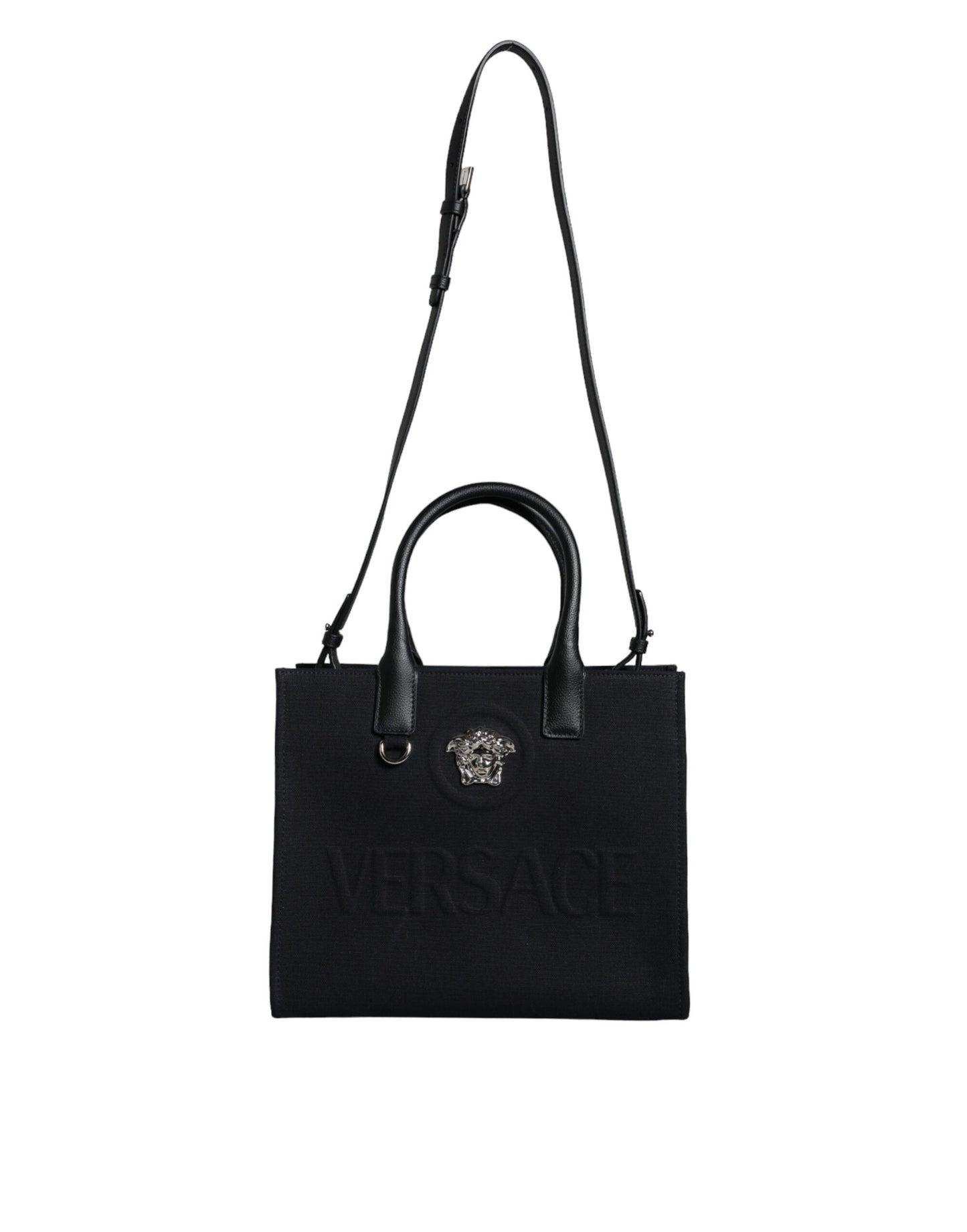 Black Versace handbag with logo on a white background