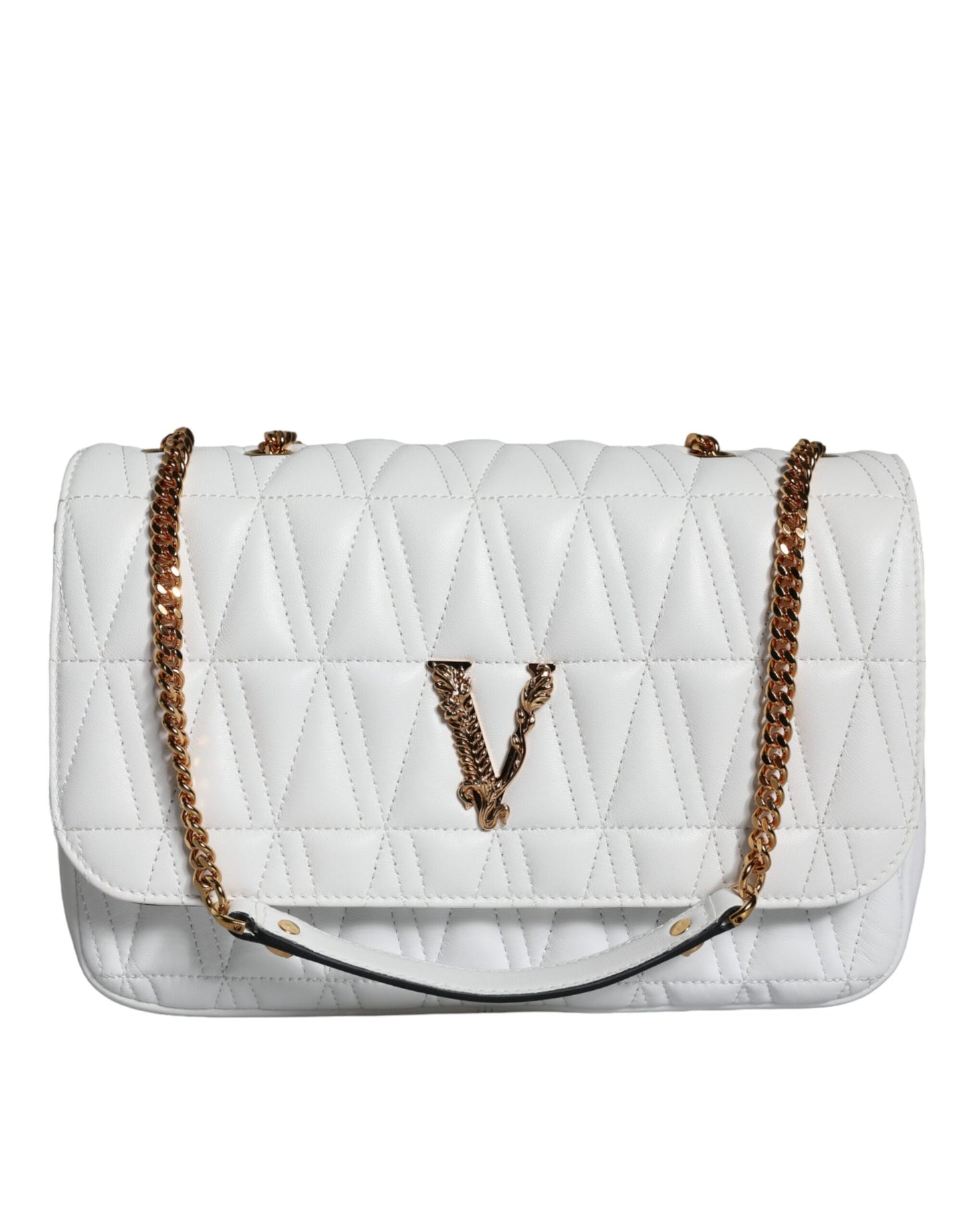 White quilted handbag with gold chain strap on a white background