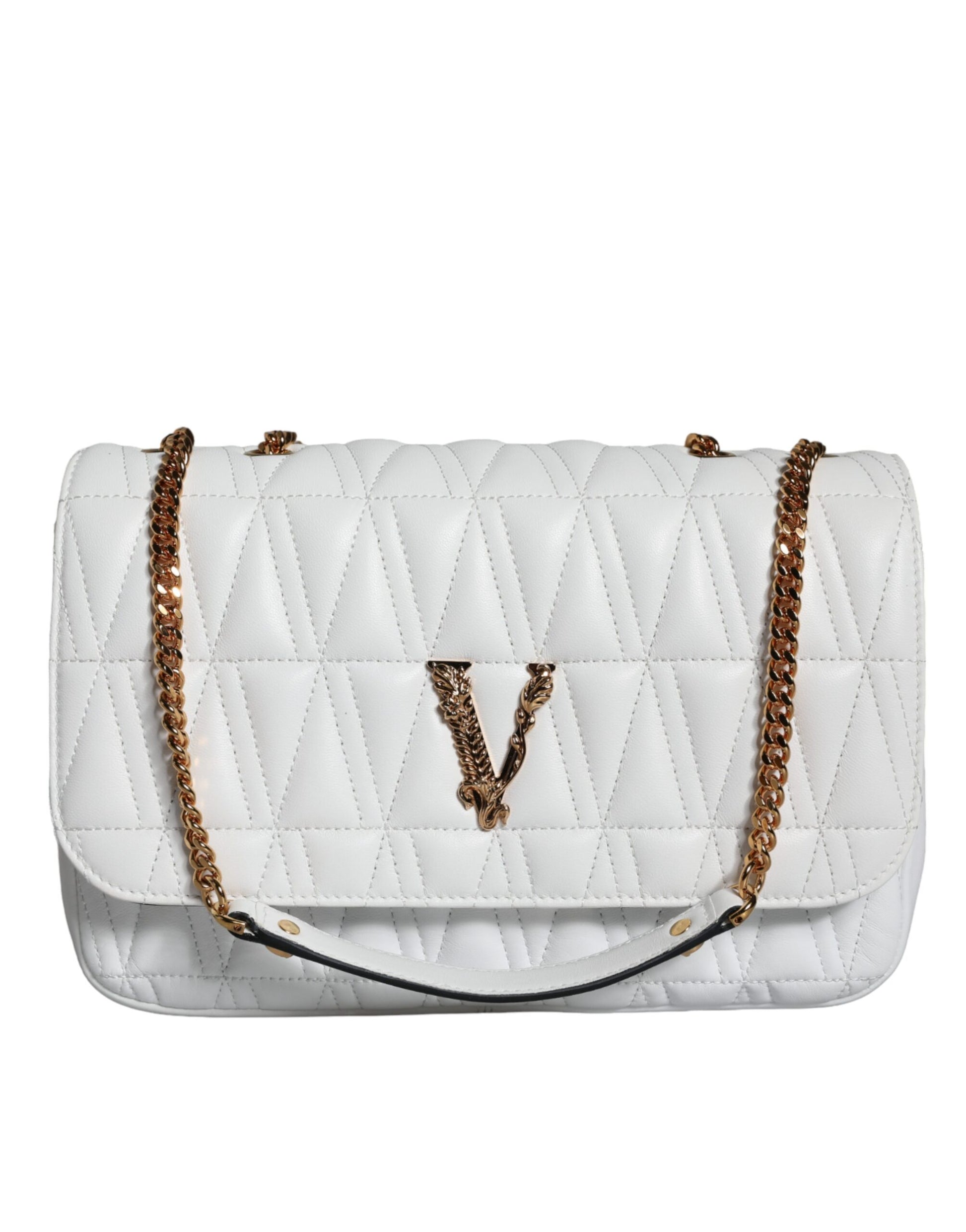 White quilted handbag with gold chain strap on a white background