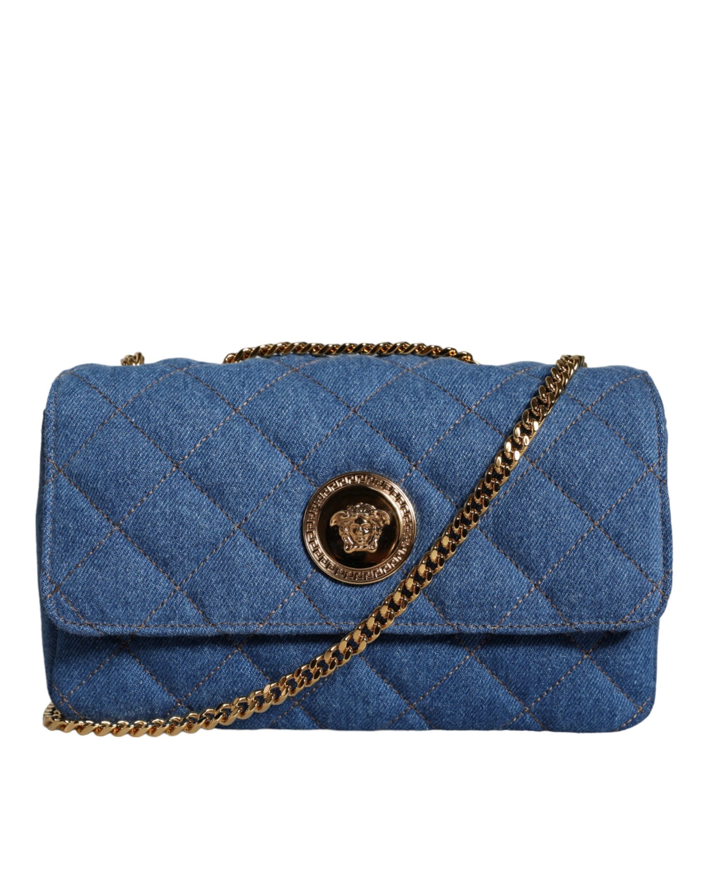 Blue quilted handbag with gold chain and emblem on a white background