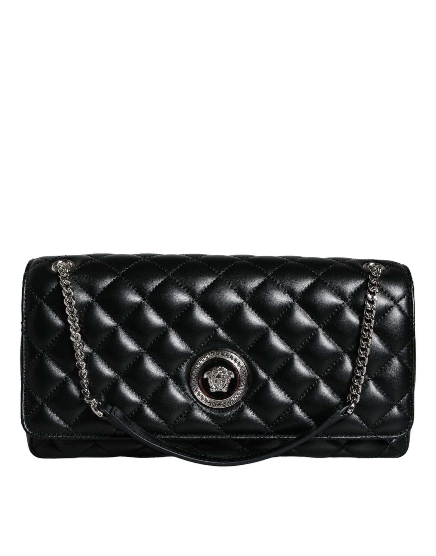 Black quilted handbag with chain strap on a white background