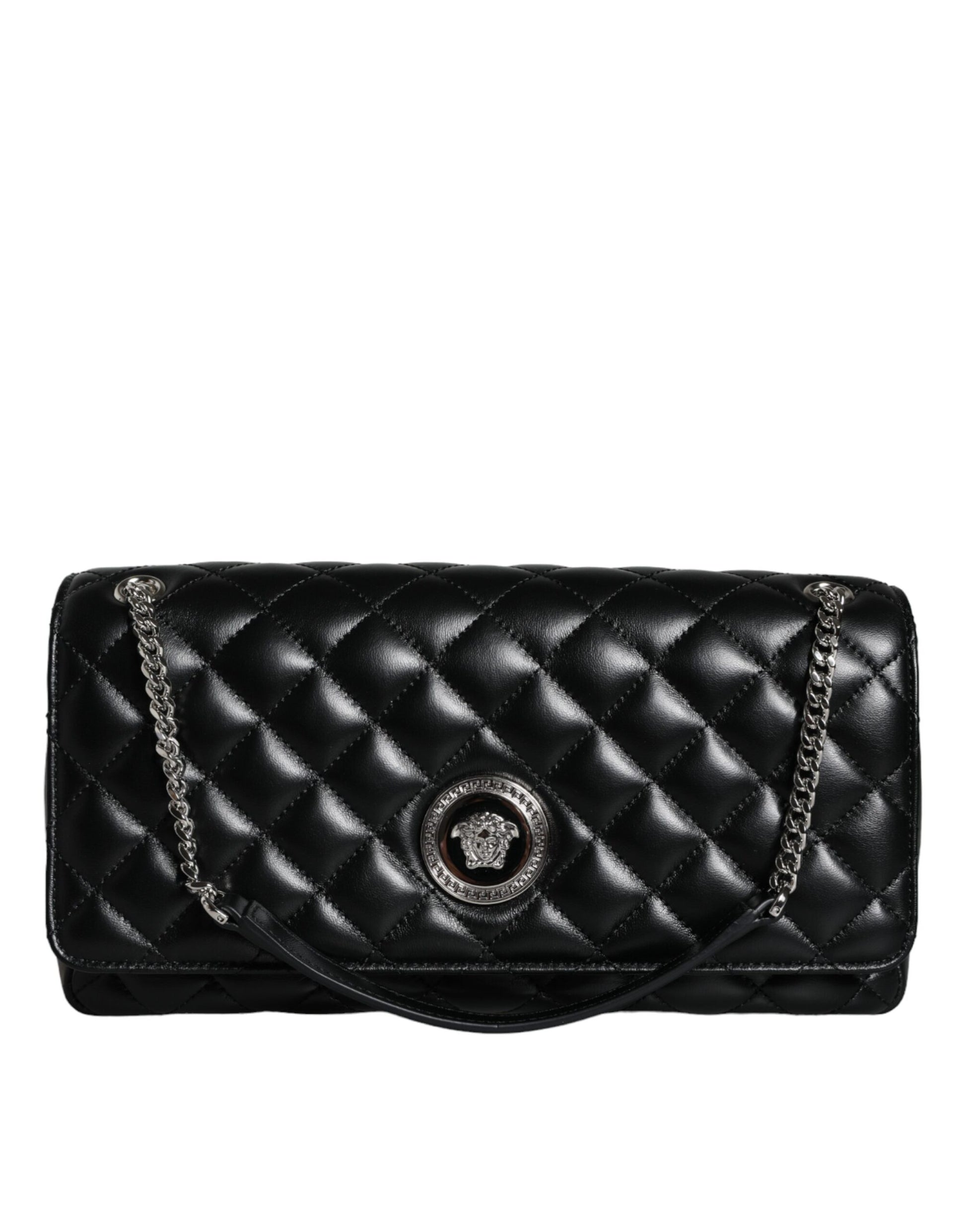 Black quilted handbag with chain strap on a white background