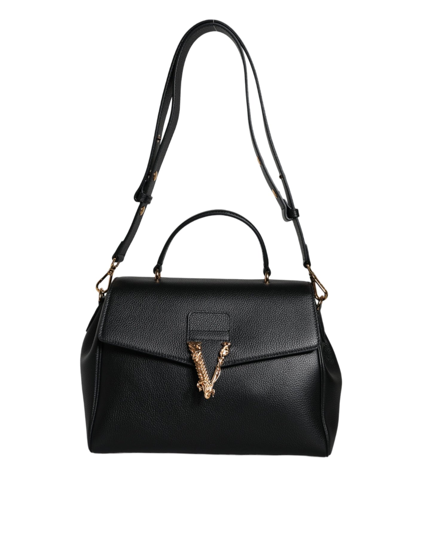 Black handbag with gold clasp on a white background