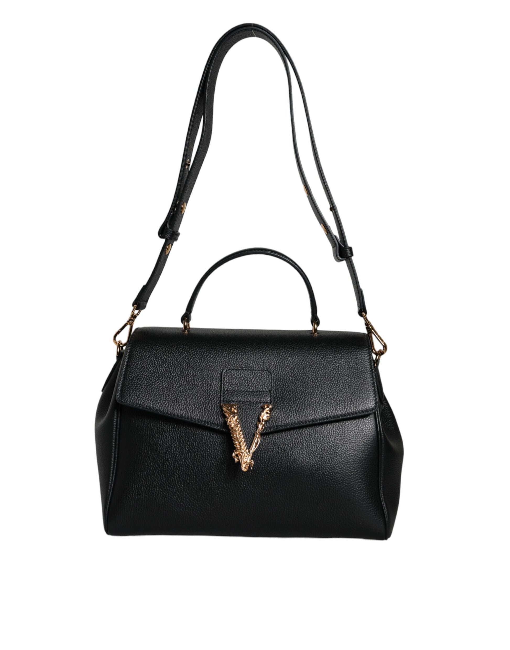 Black handbag with gold clasp on a white background