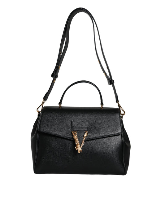 Black handbag with gold clasp on a white background
