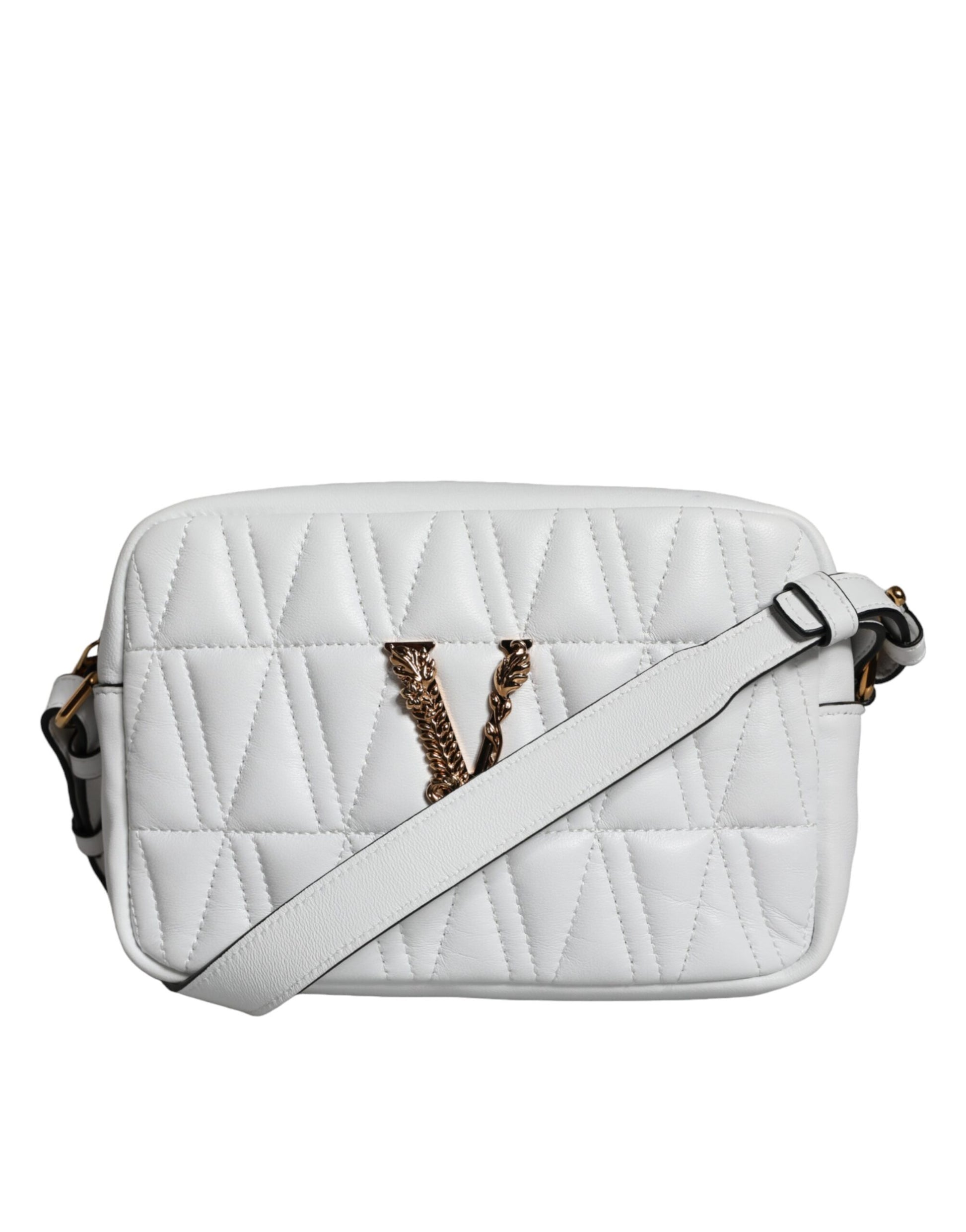 White quilted handbag with a brown strap on a white background