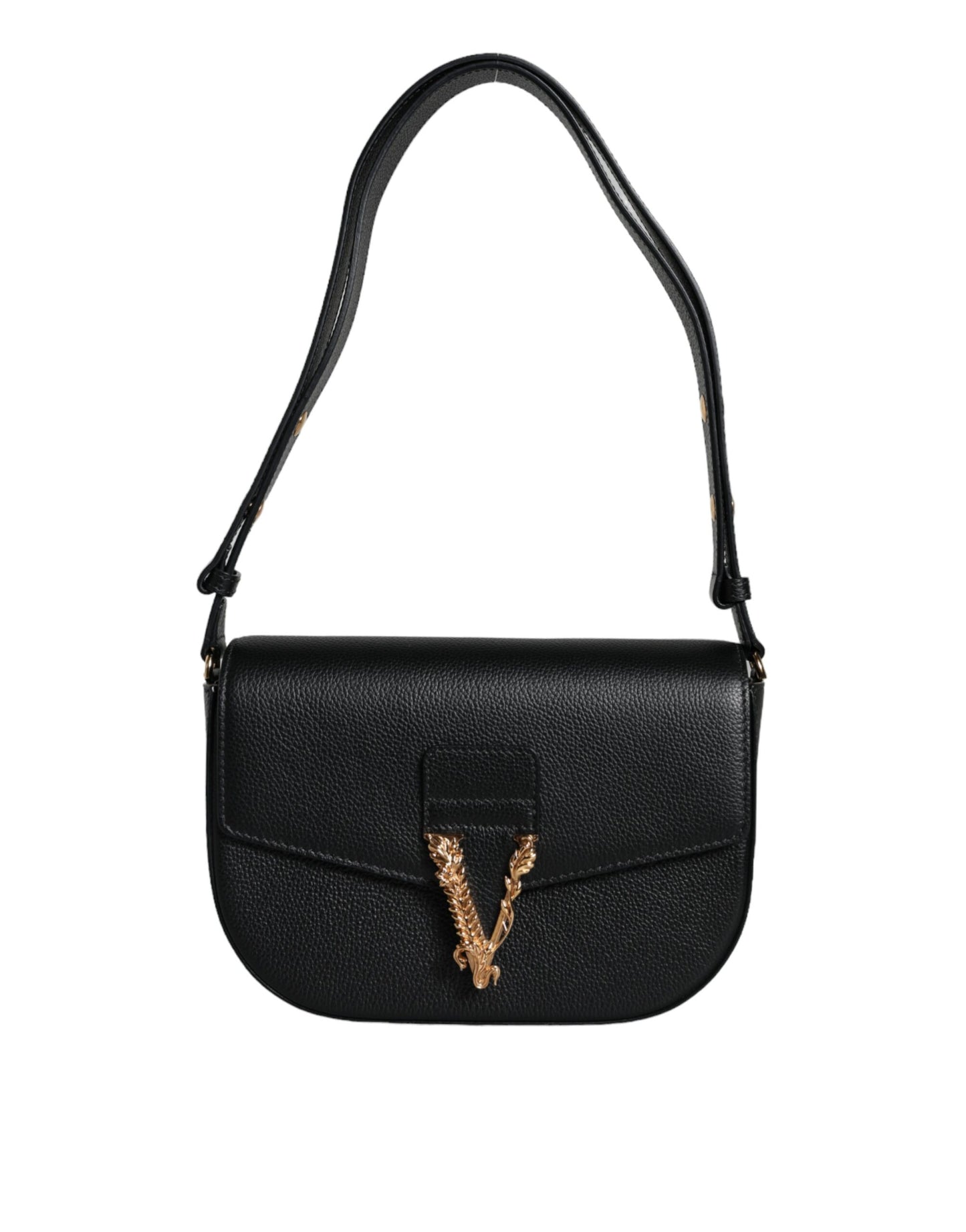 Black handbag with a gold emblem on a white background