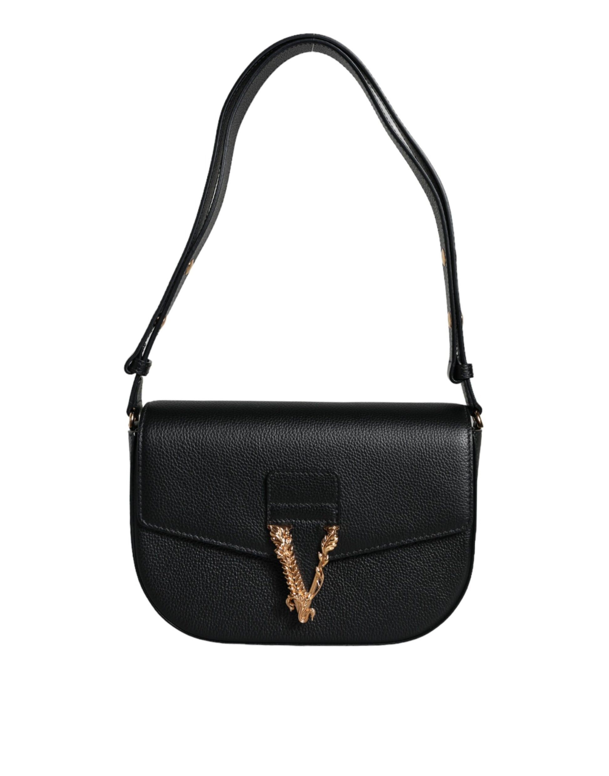 Black handbag with a gold emblem on a white background