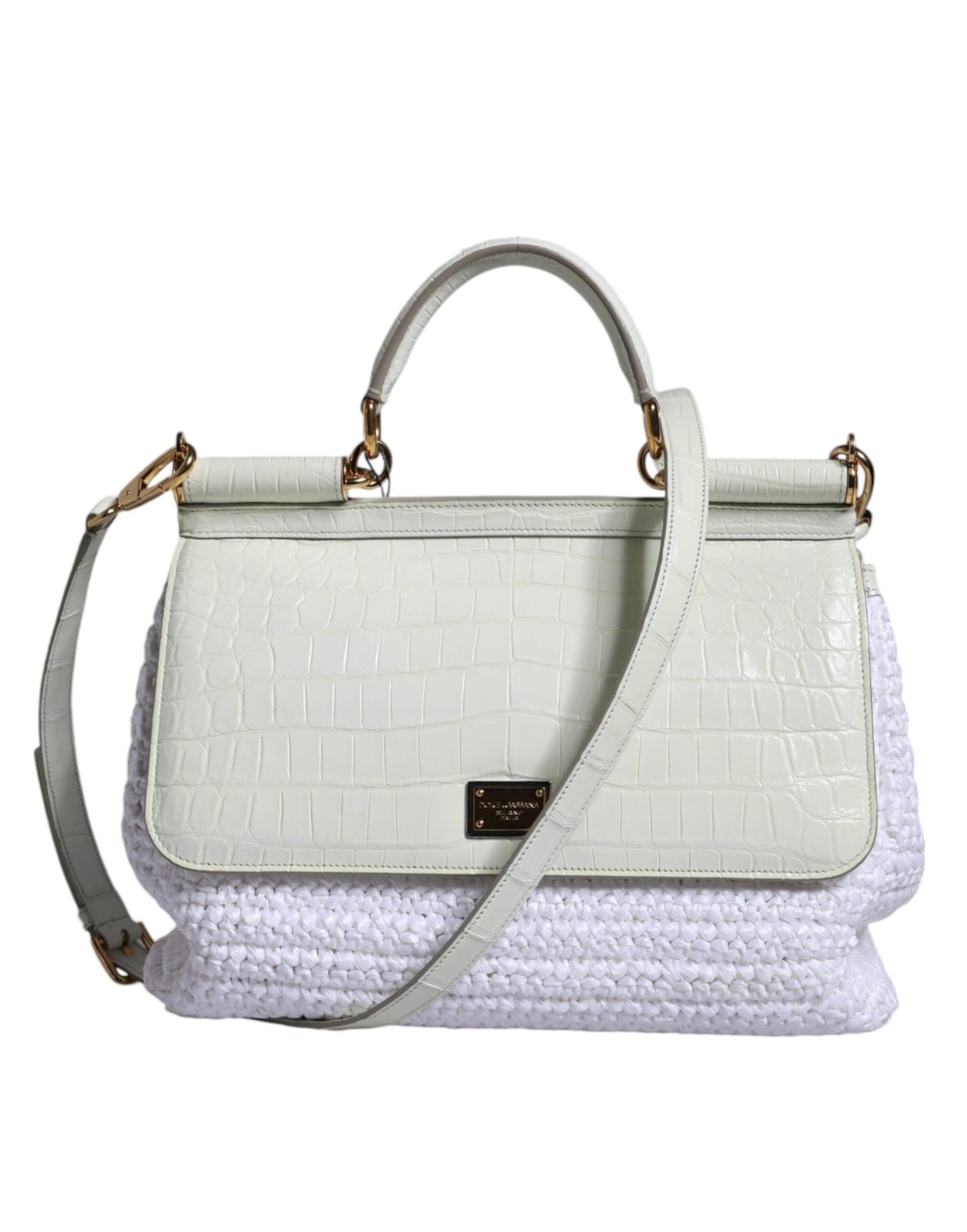 White handbag with a textured pattern on a white background