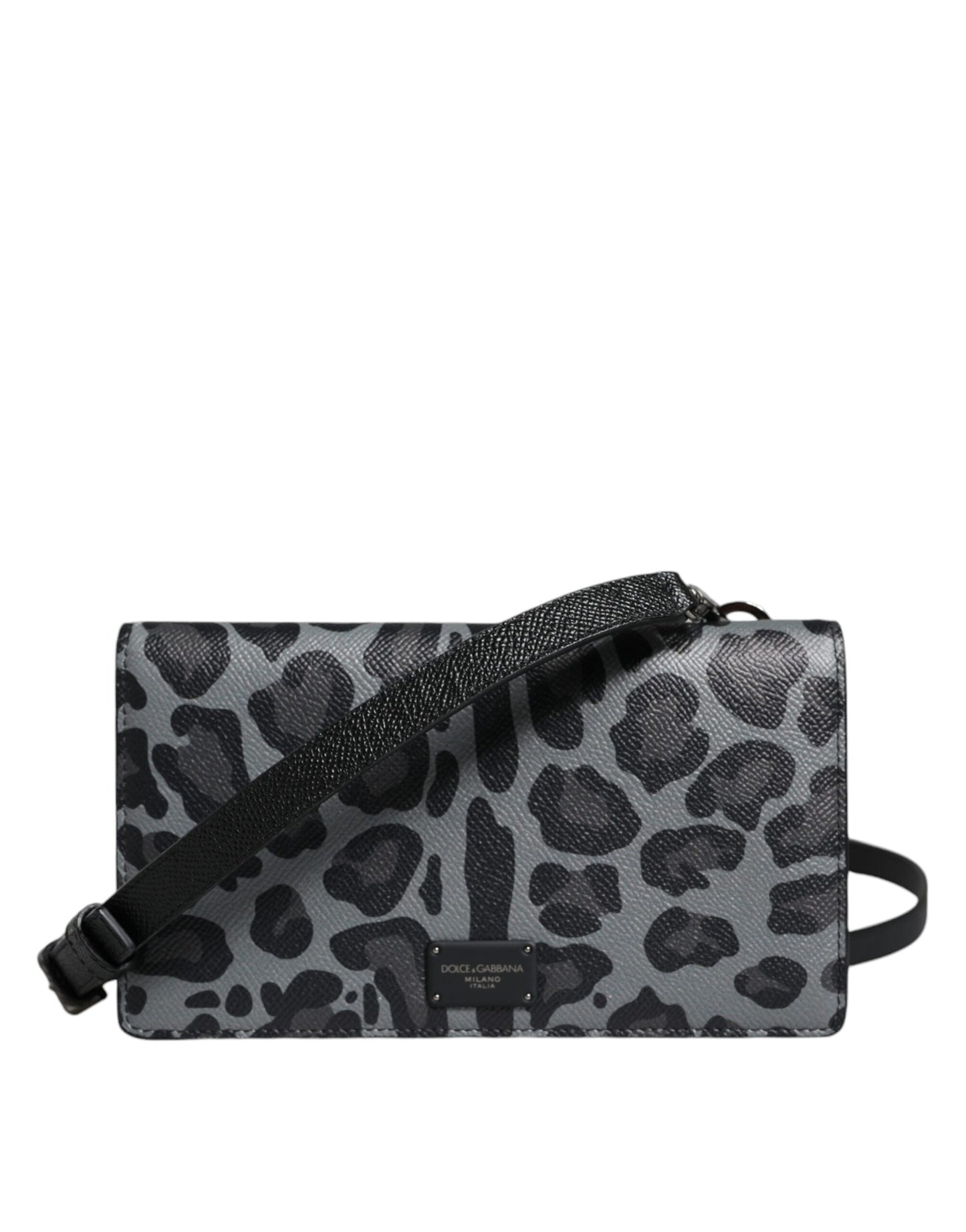 Leopard print handbag with a black strap on a white background