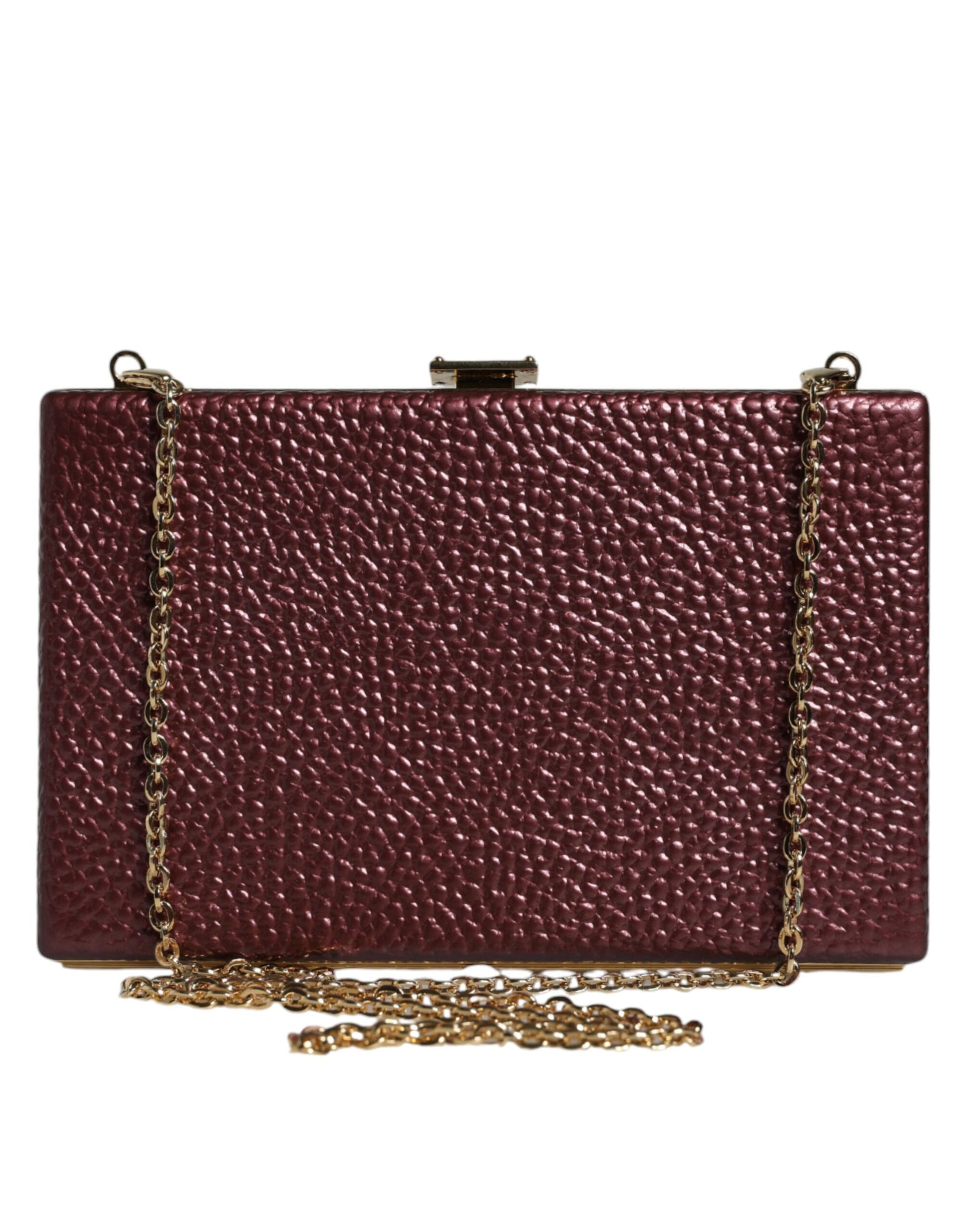 Red clutch bag with a gold chain on a white background