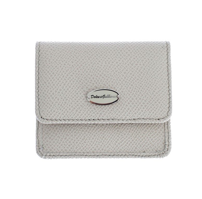 Small gray textured wallet with a brand logo on a white background