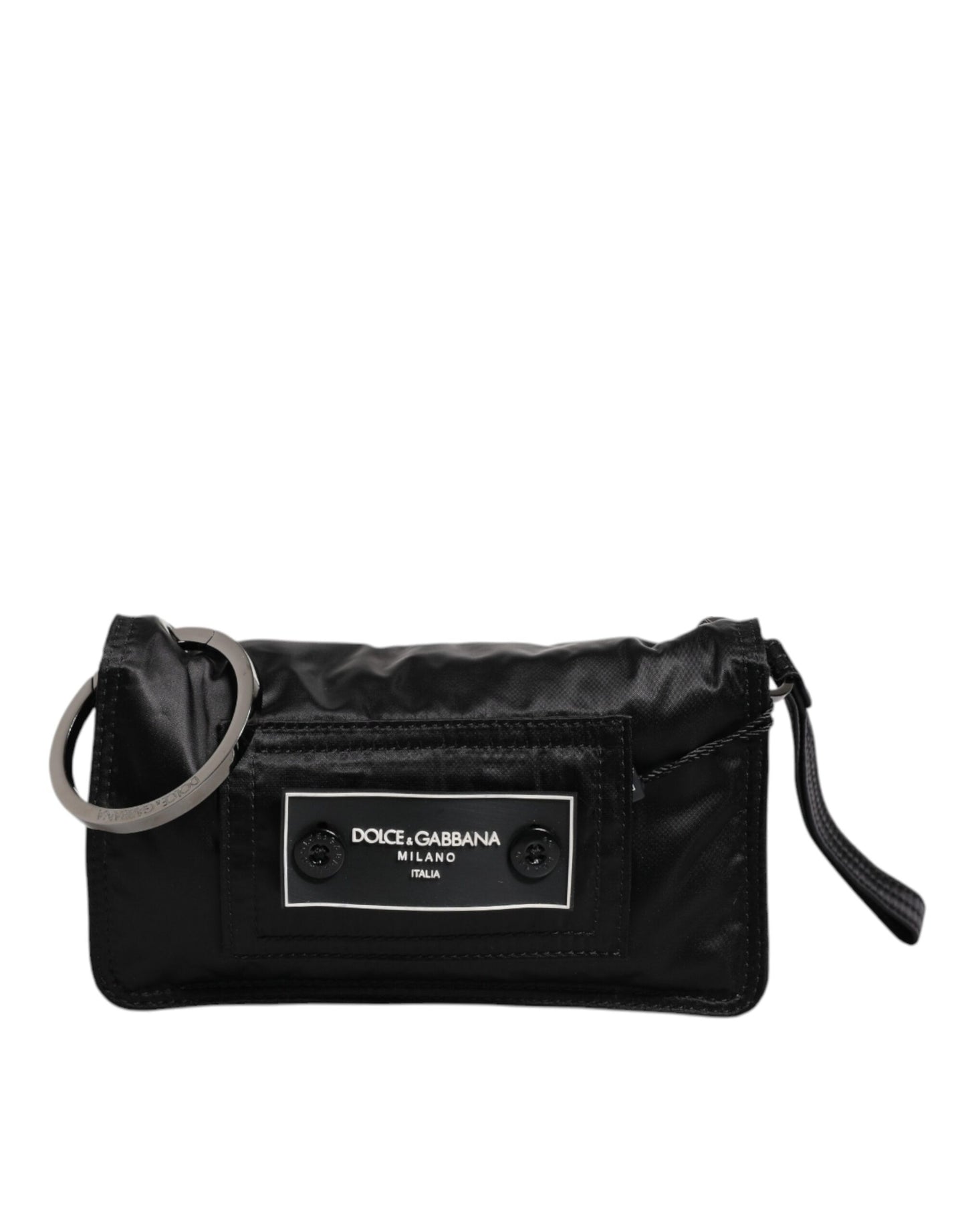 Black handbag with a visible brand label on a white background