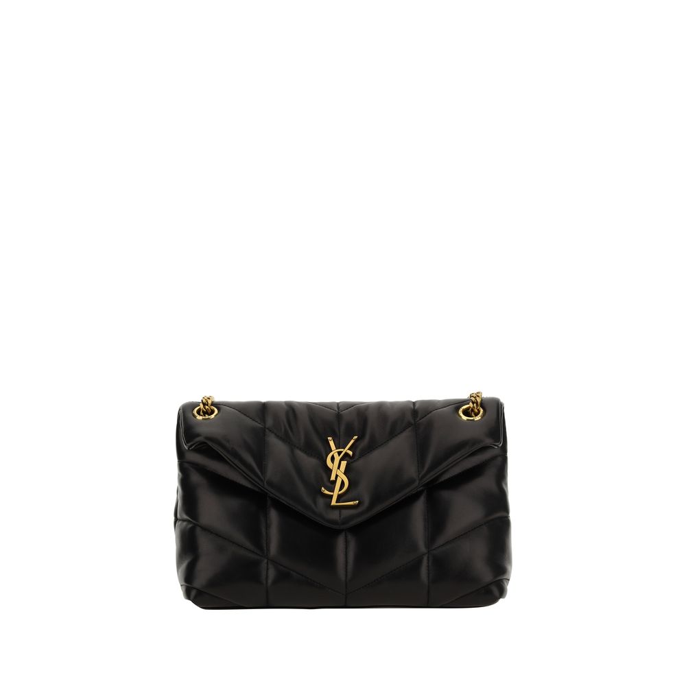 Black quilted handbag with gold logo on a white background