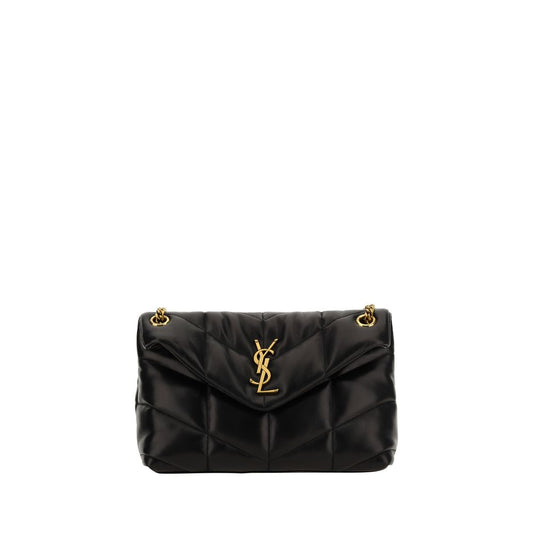 Black quilted handbag with gold logo on a white background