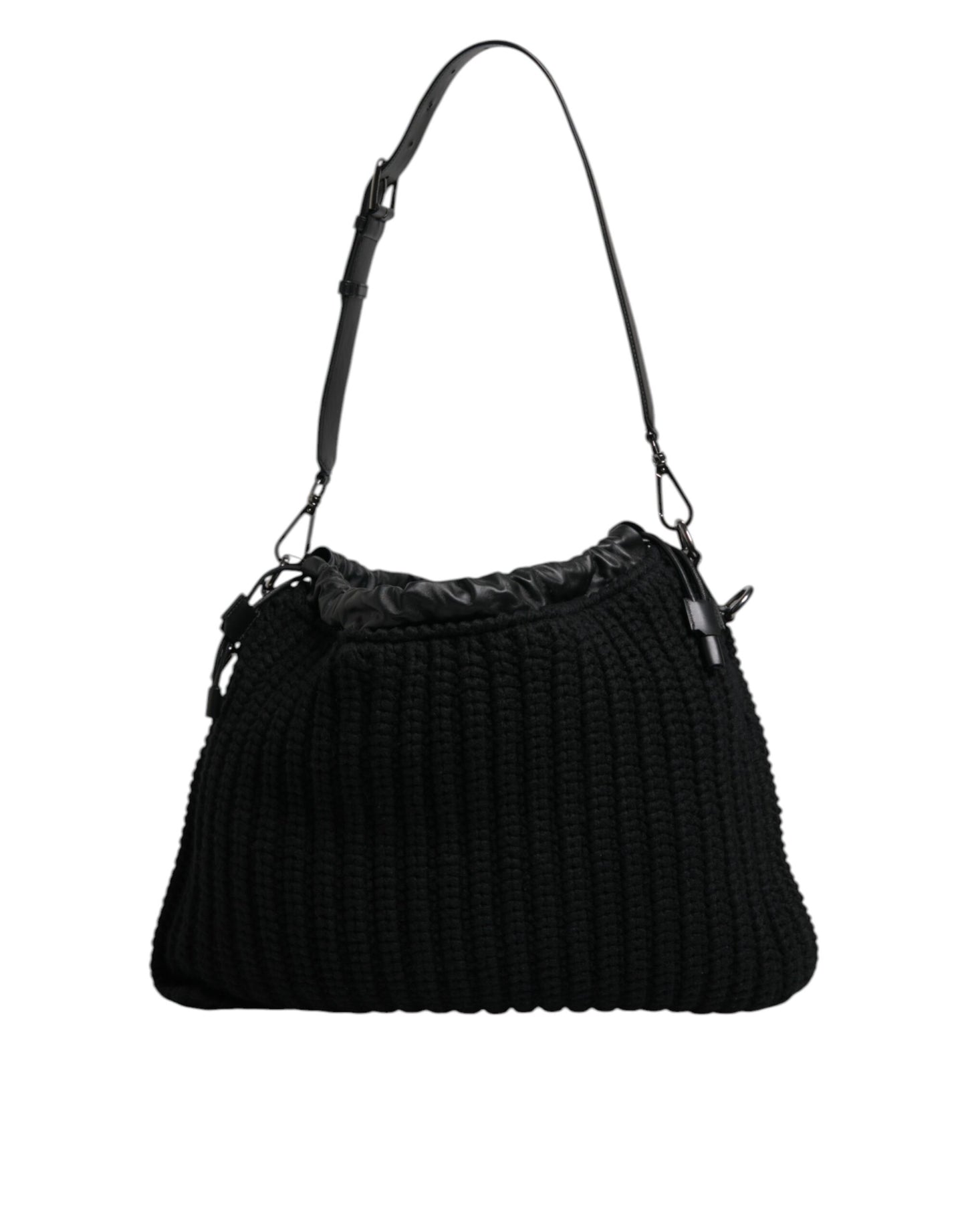 Black ribbed handbag on a white background